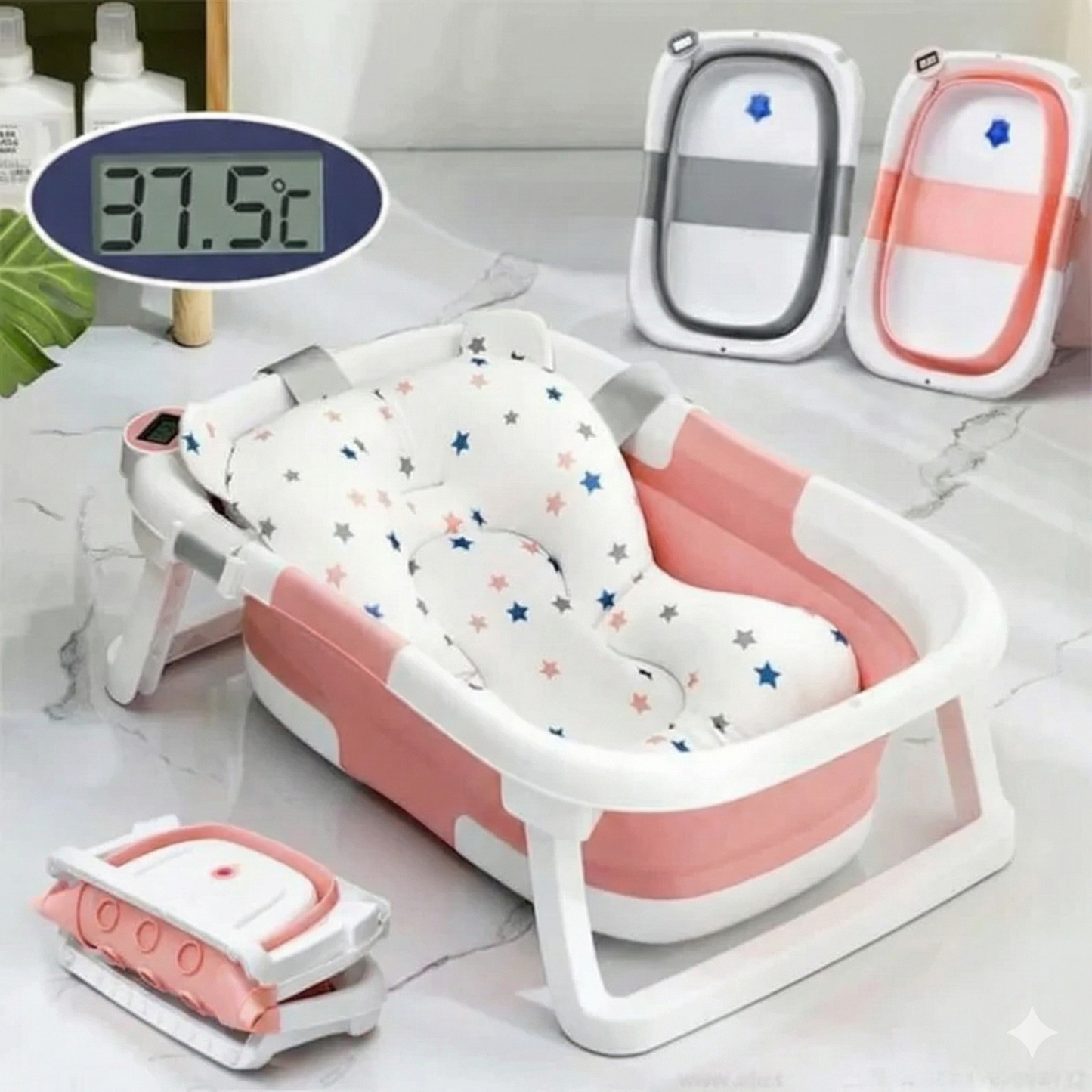 Baignoire Bébé avec thermomètre intégré et coussin, Pliable Ultra Compacte