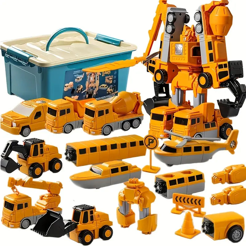 Pack 24 Pièces - Véhicules de Chantier Transformables & Robot Magnétique